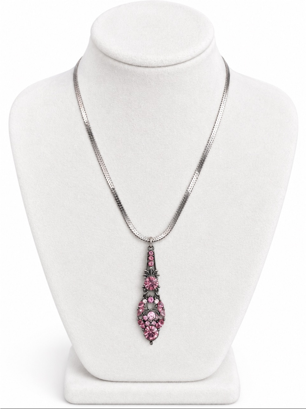 Vintage Style Pink Rhinestone Ornate Drop Pendant Silver Tone Necklace